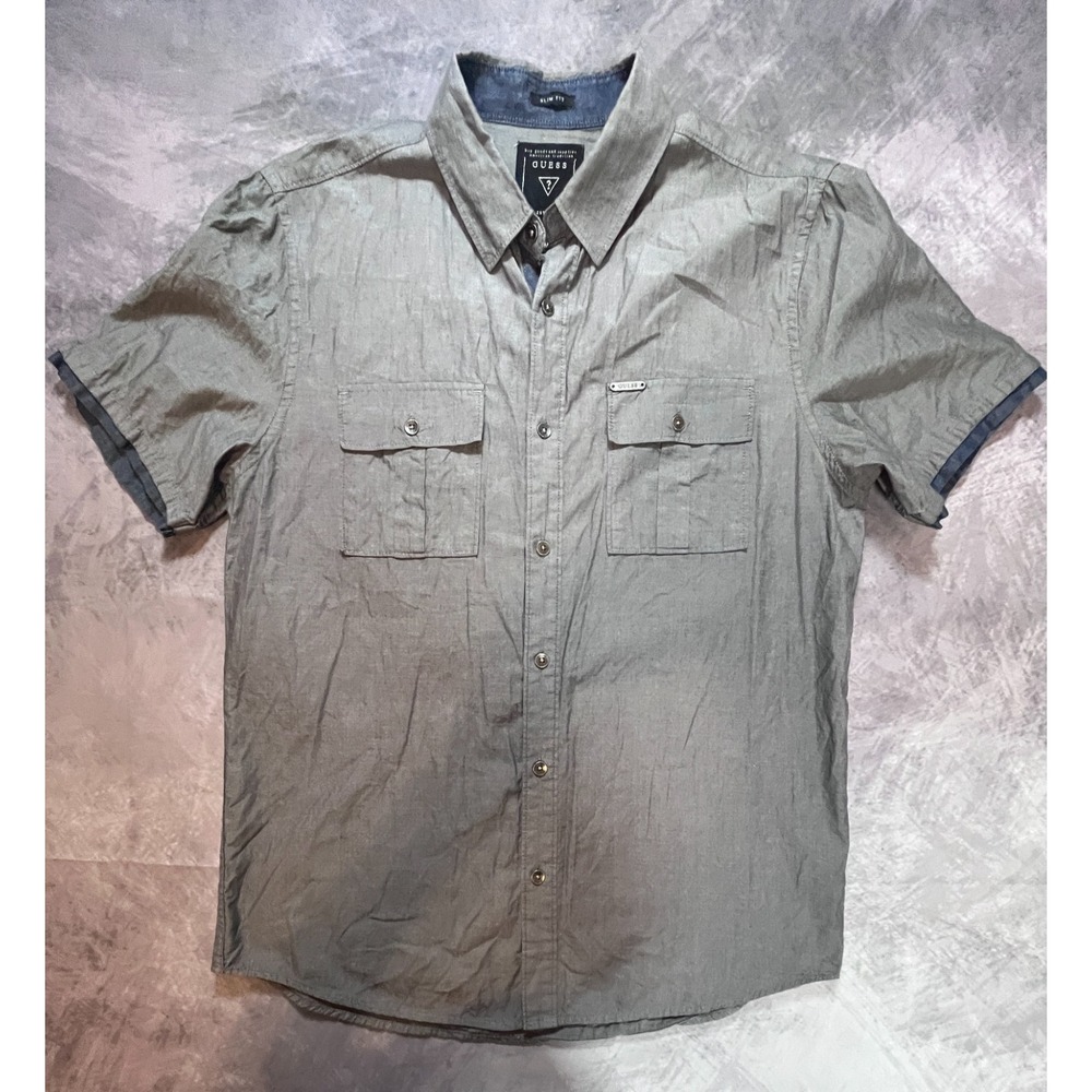 Guess Shirt Mens M Charcoal Gray Slim Fit Short Sleeve Button Down Casual Top